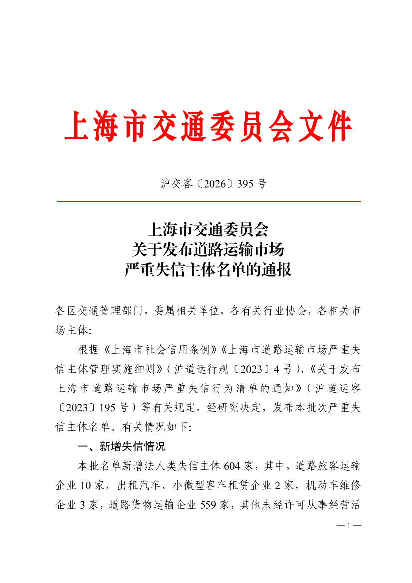 沪交客〔2026〕395号关于发布道路运输市场严重失信主体名单的通报.pdf