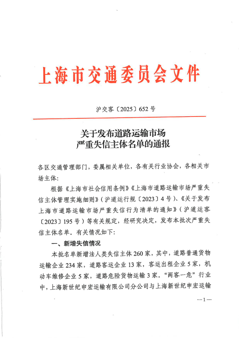 上海市交通委员会关于发布道路运输市场严重失信主体名单的通报（沪交客〔2025〕652号）.pdf