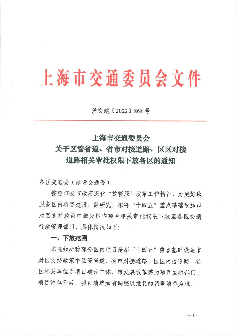 上海市交通委员会关于区管省道、省市对接道路、区区对接道路相关审批权限下放各区的通知   .pdf