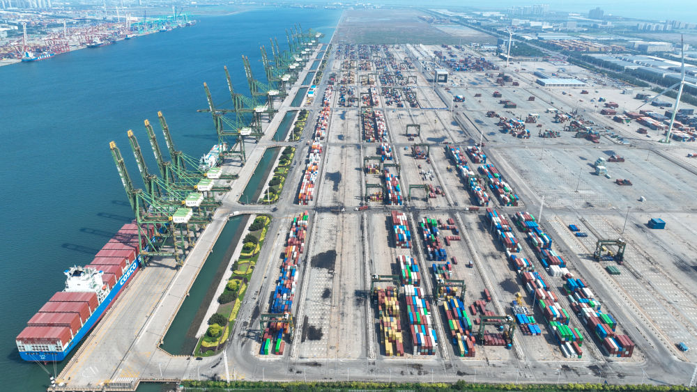这是2025年6月20日拍摄的天津自贸区天津港东疆片区码头（无人机照片）。作为中国北方首个自贸试验区，天津自由贸易试验区于今年4月迎来挂牌十周年。新华社记者 孙凡越 摄.jpg